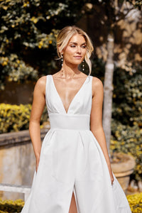 Ivory White Satin Wedding Gown with V Neckline, A-line Skirt and Front Slit