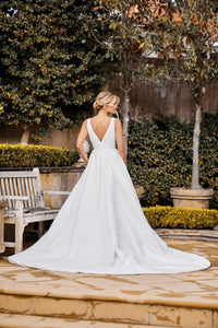 V Shape Open Back and Sweep Train of Ivory White Satin Wedding Gown with V Neckline, A-line Skirt and Front Slit