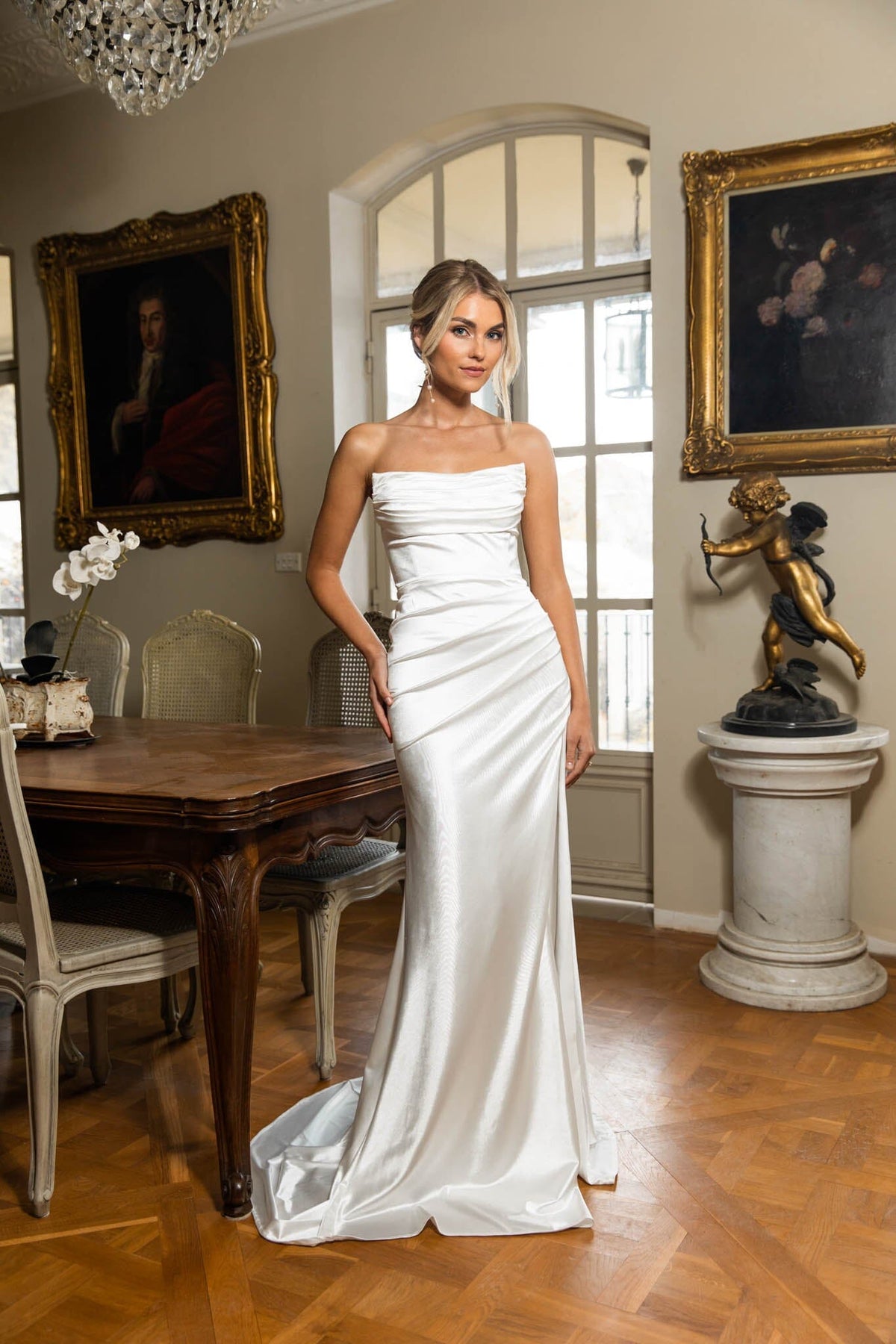 Ivory White Stretch Lycra Satin Strapless Long Evening Gown with Draping Detail