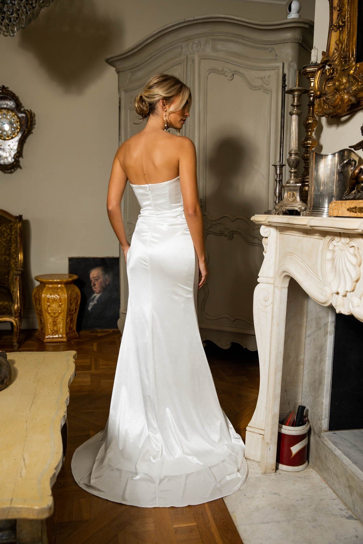 Back Image of Ivory White Stretch Lycra Satin Strapless Long Evening Gown