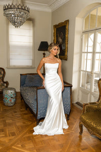 Ivory White Stretch Lycra Satin Strapless Long Evening Gown with Draping Detail