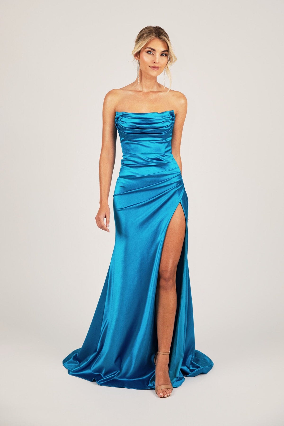 Sky Blue Stretch Satin Formal Gown with Bustier Strapless Neckline, Gathered Detail and Thigh High Side Slit