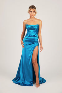 Sky Blue Stretch Satin Formal Gown with Bustier Strapless Neckline, Gathered Detail and Thigh High Side Slit