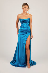 Sky Blue Stretch Satin Formal Gown with Bustier Strapless Neckline, Gathered Detail and Thigh High Side Slit