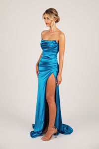 Thigh High Side Slit of Sky Blue Stretch Satin Formal Gown with Bustier Strapless Neckline and Gathered Detail