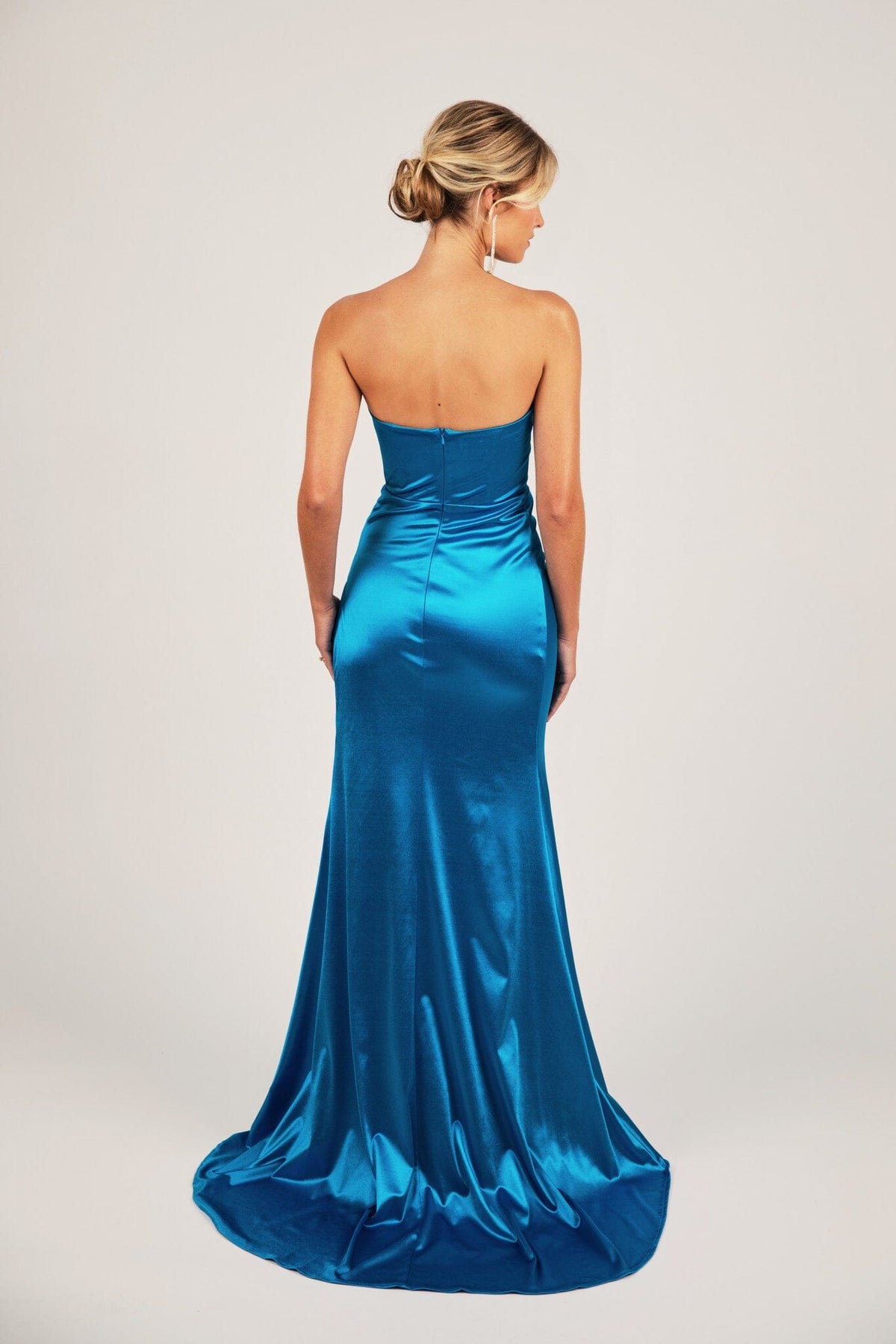 Back Image showing Bare Shoulder Design of Sky Blue Stretch Satin Formal Gown with Bustier Strapless Neckline, Gathered Detail and Thigh High Side Slit