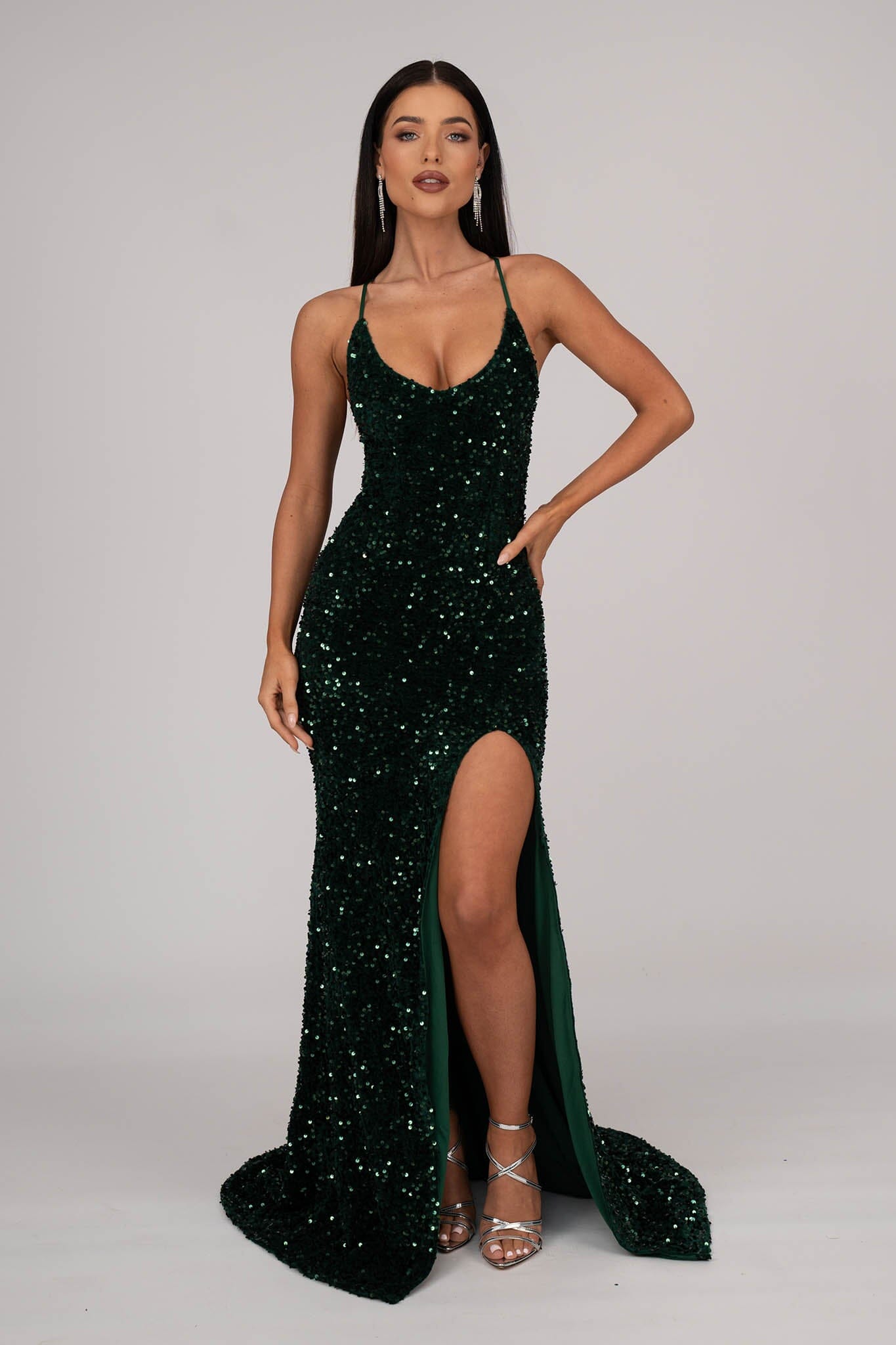 Zelda Side Slit Velvet Sequin Gown Emerald Noodz Boutique