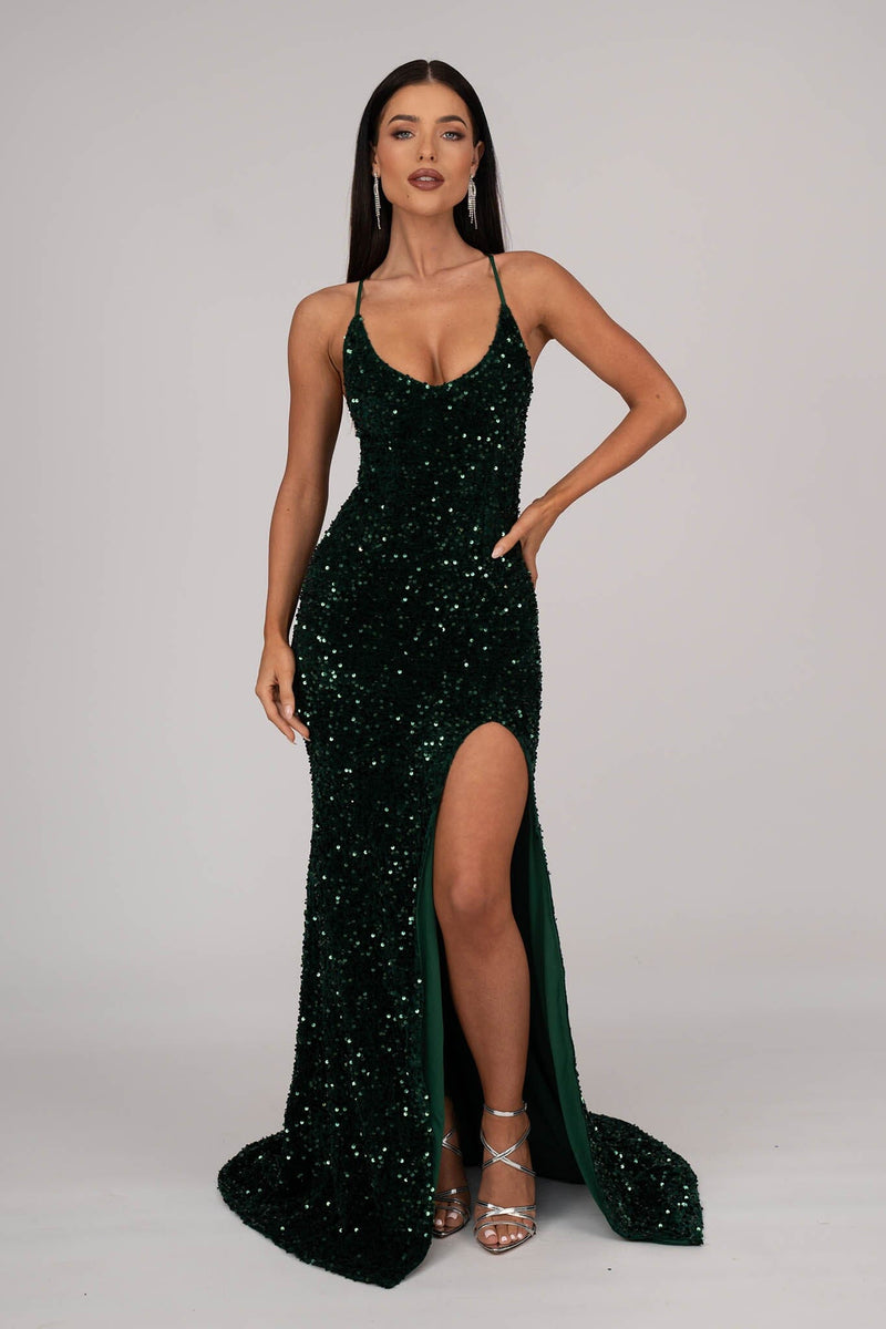 Zelda Side Slit Velvet Sequin Gown - Emerald – Noodz Boutique