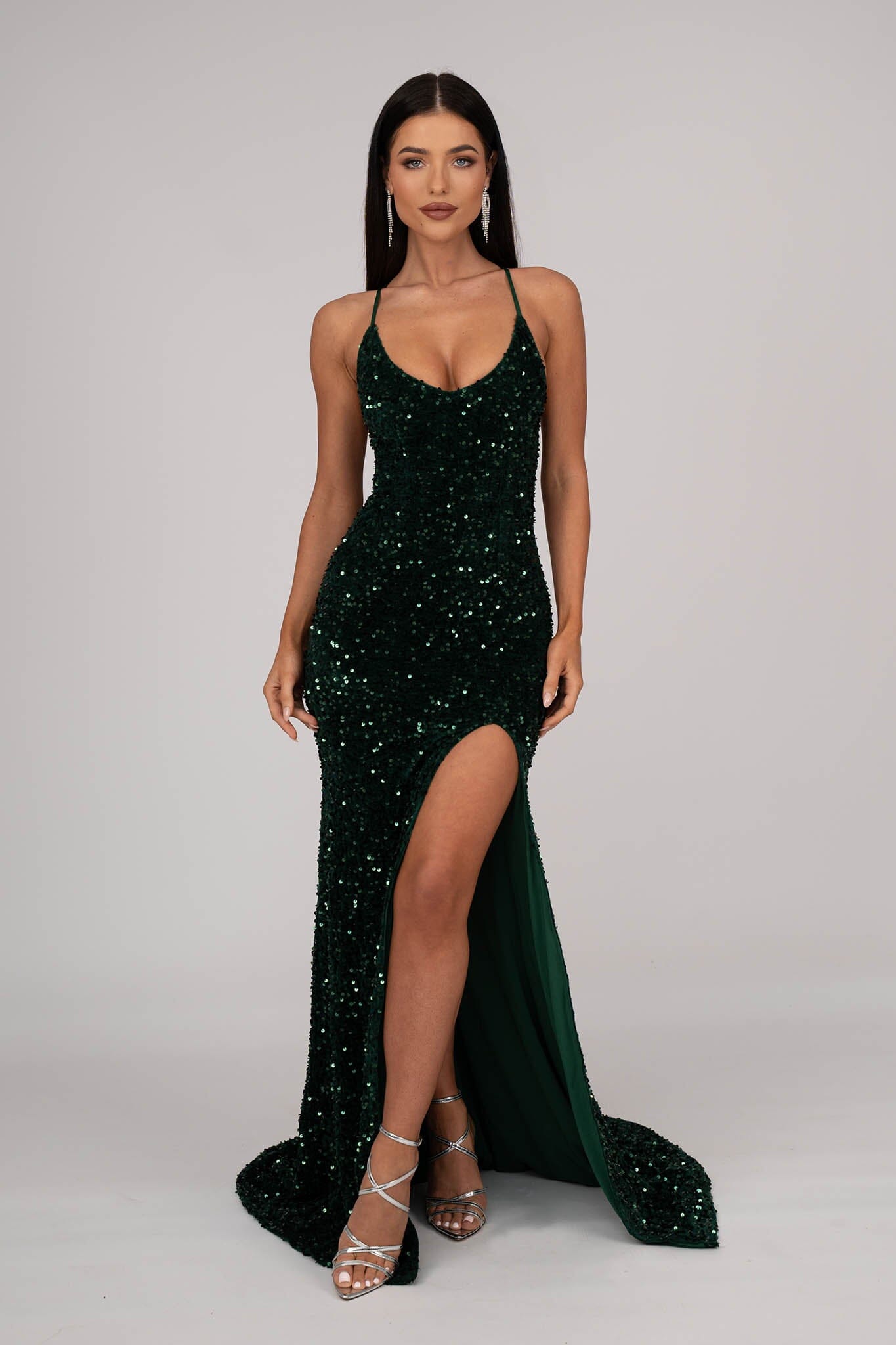 Zelda Side Slit Velvet Sequin Gown Emerald Noodz Boutique