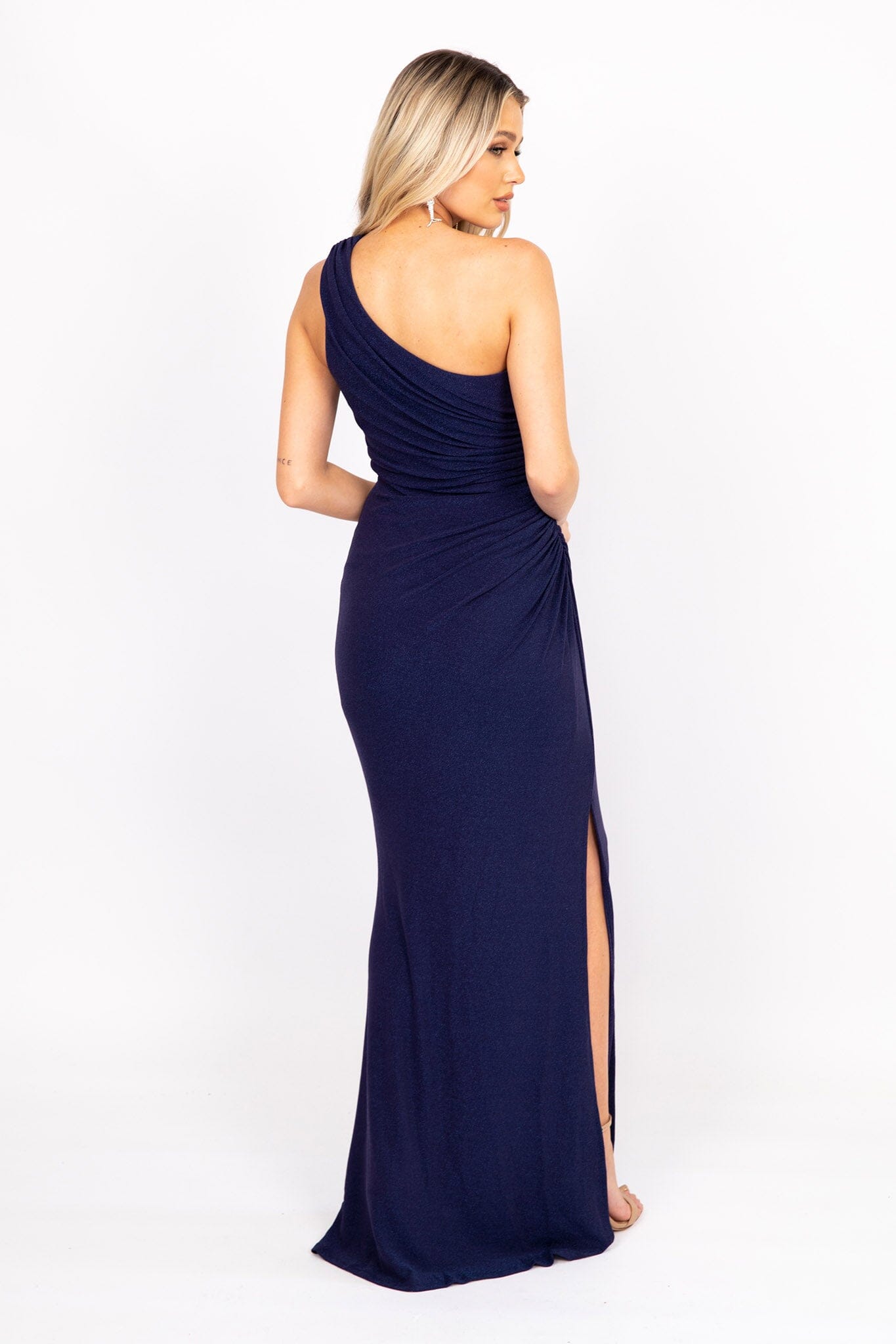 Navy one shoulder maxi cheap dress