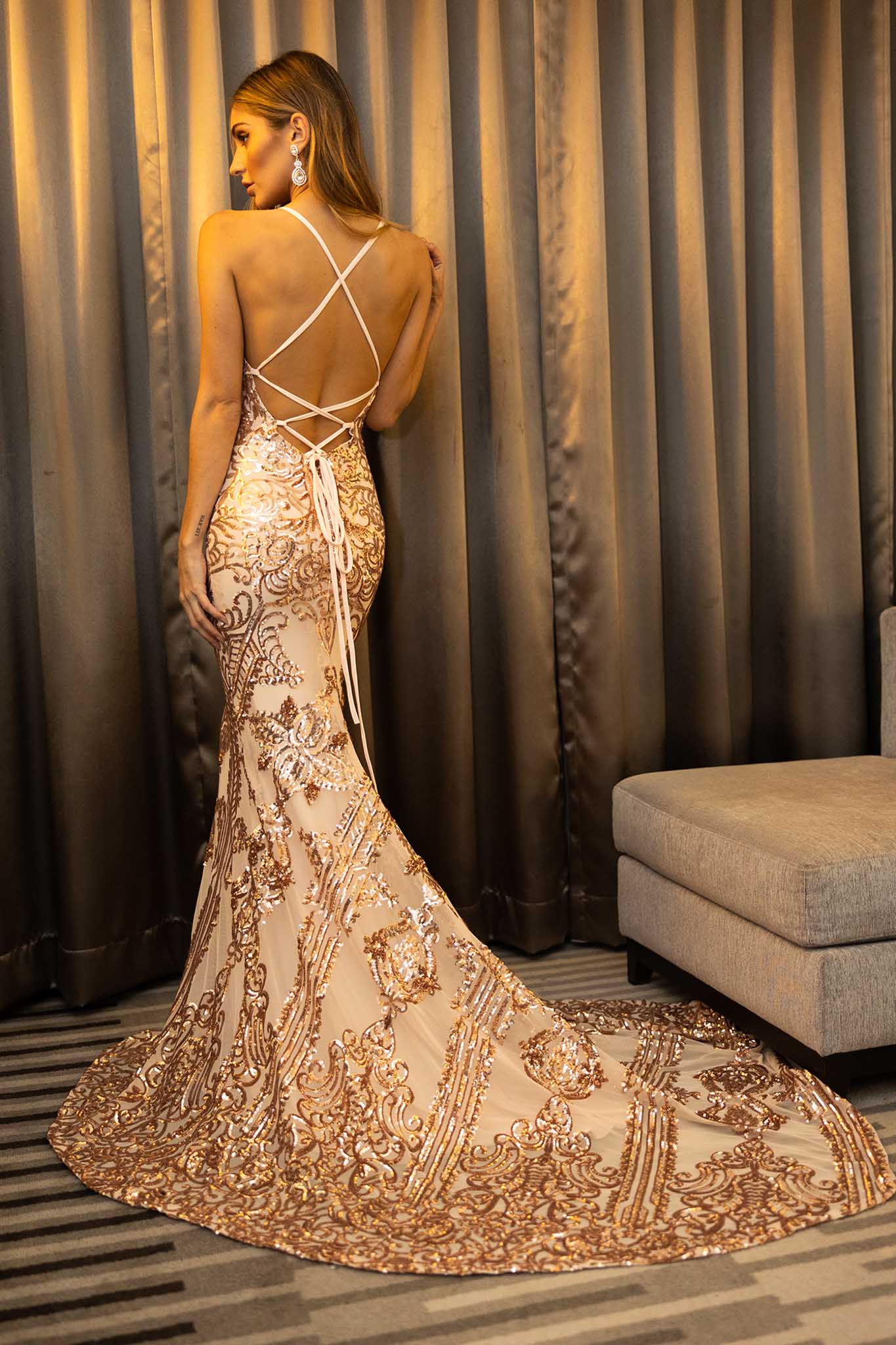 AMIYA Lace Up Back Pattern Sequin Gown Rose Gold