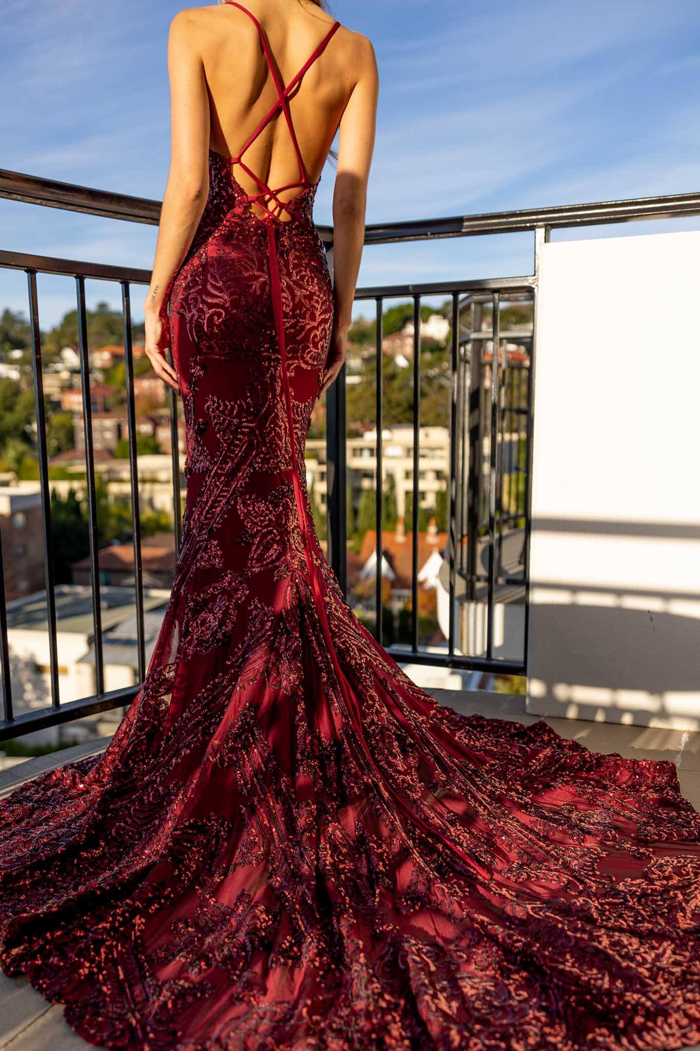 AMIYA Lace Up Back Pattern Sequin Gown Wine Noodz Boutique