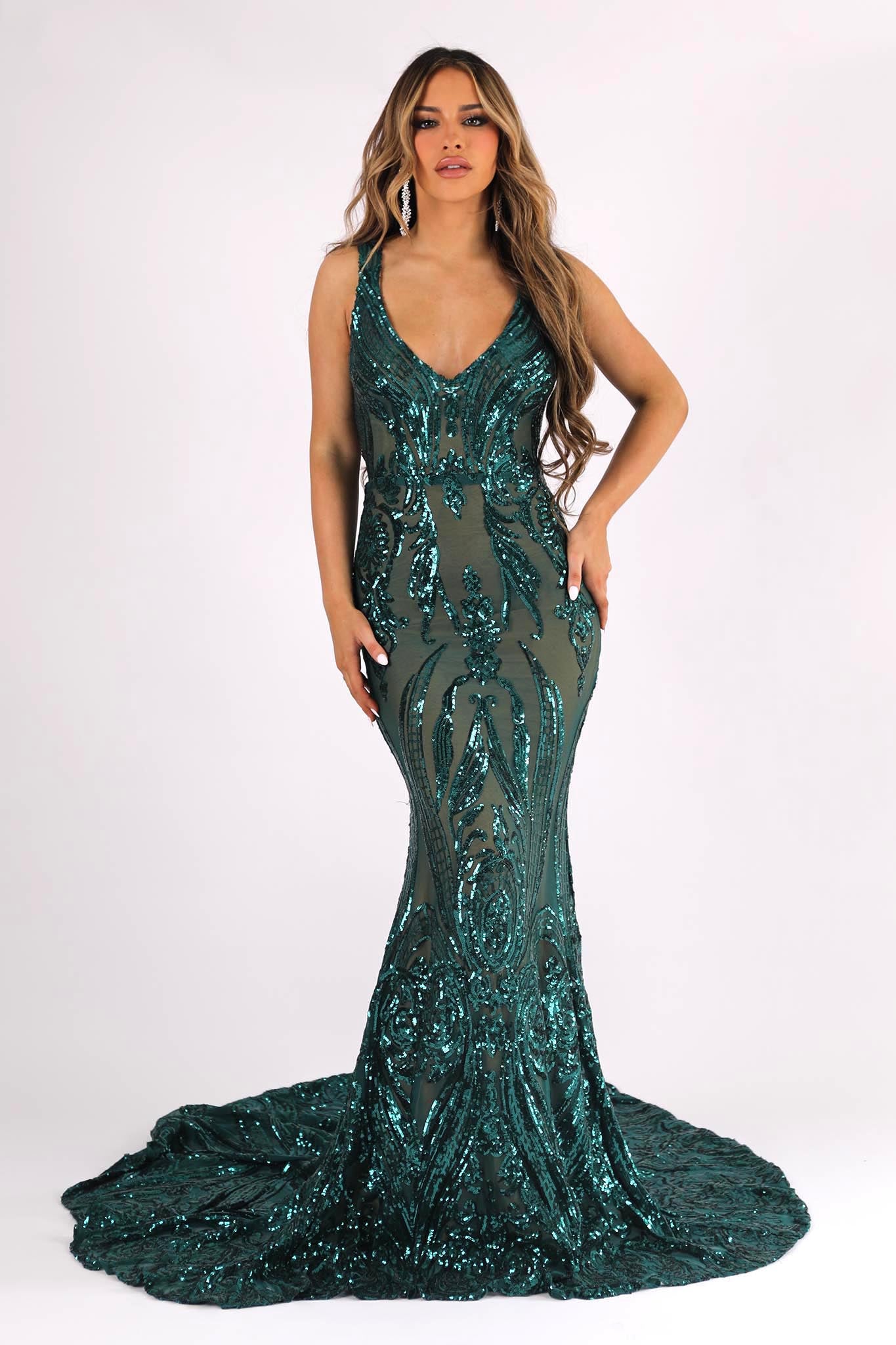 Adeline Pattern Sequin Gown Emerald Nude Noodz Boutique