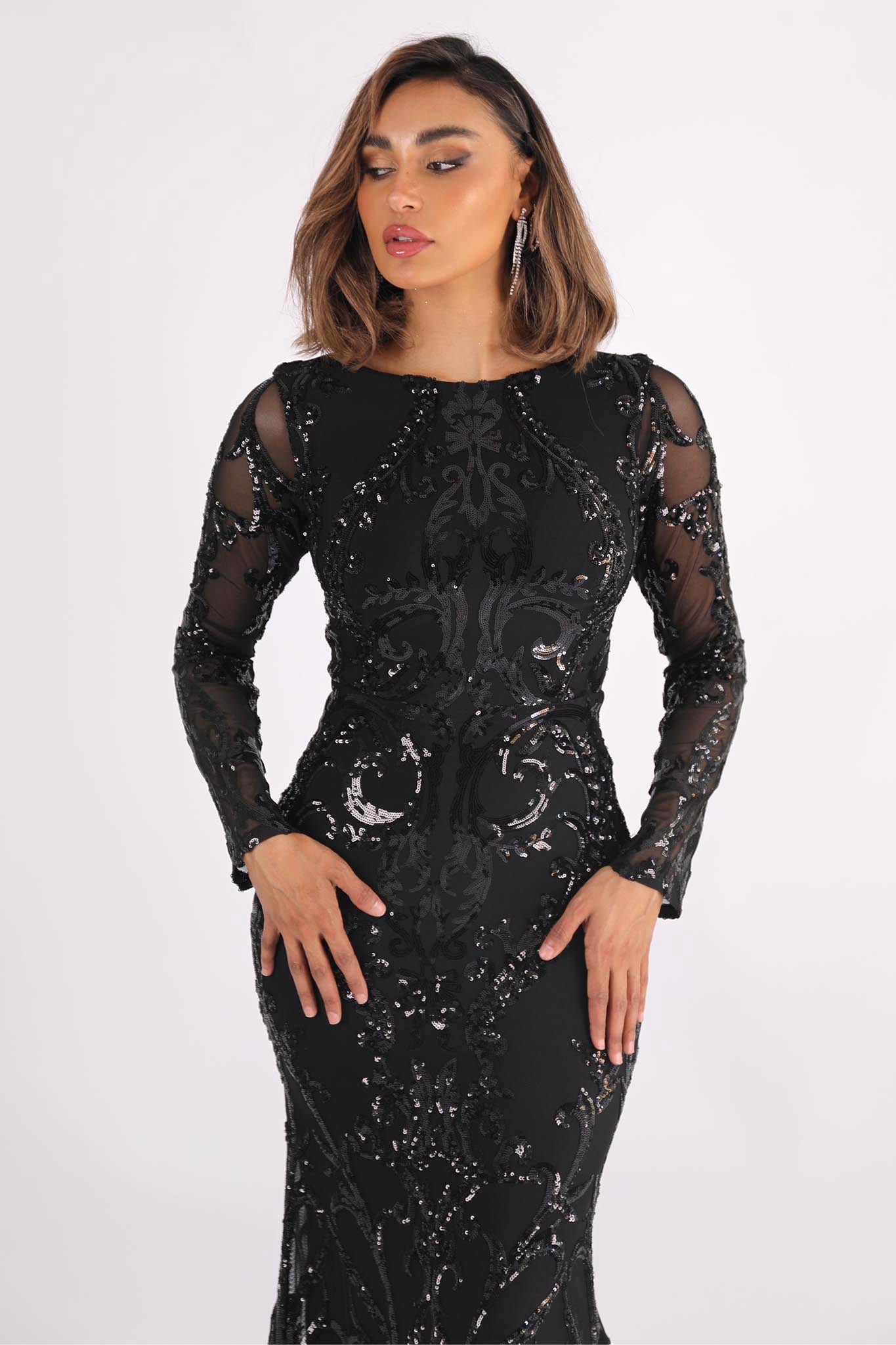 AMANI Long Sleeve Sequin Gown Black Noodz Boutique