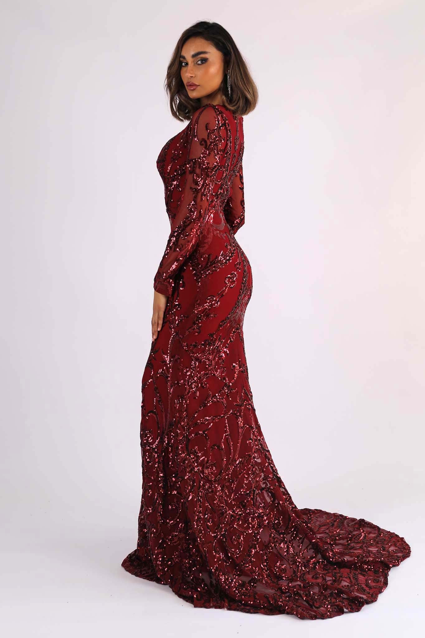 AMANI Long Sleeve Sequin Gown Wine Noodz Boutique