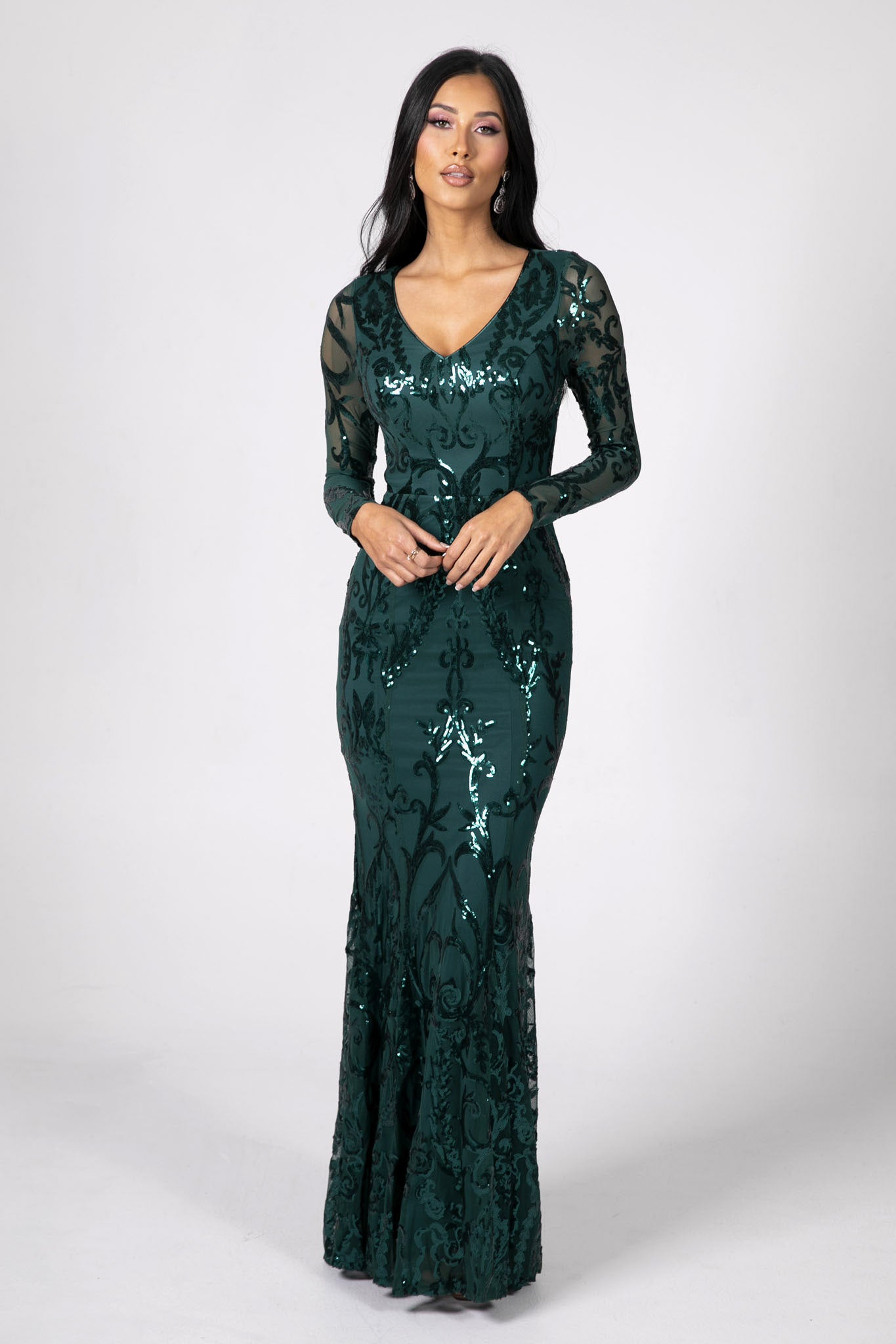 Amelia Long Sleeve Pattern Sequin Gown Emerald Noodz Boutique