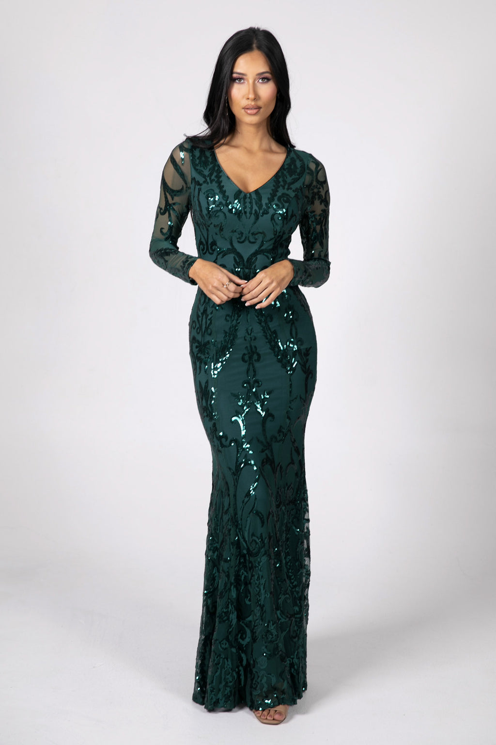 Amelia Long Sleeve Pattern Sequin Gown Emerald Noodz Boutique