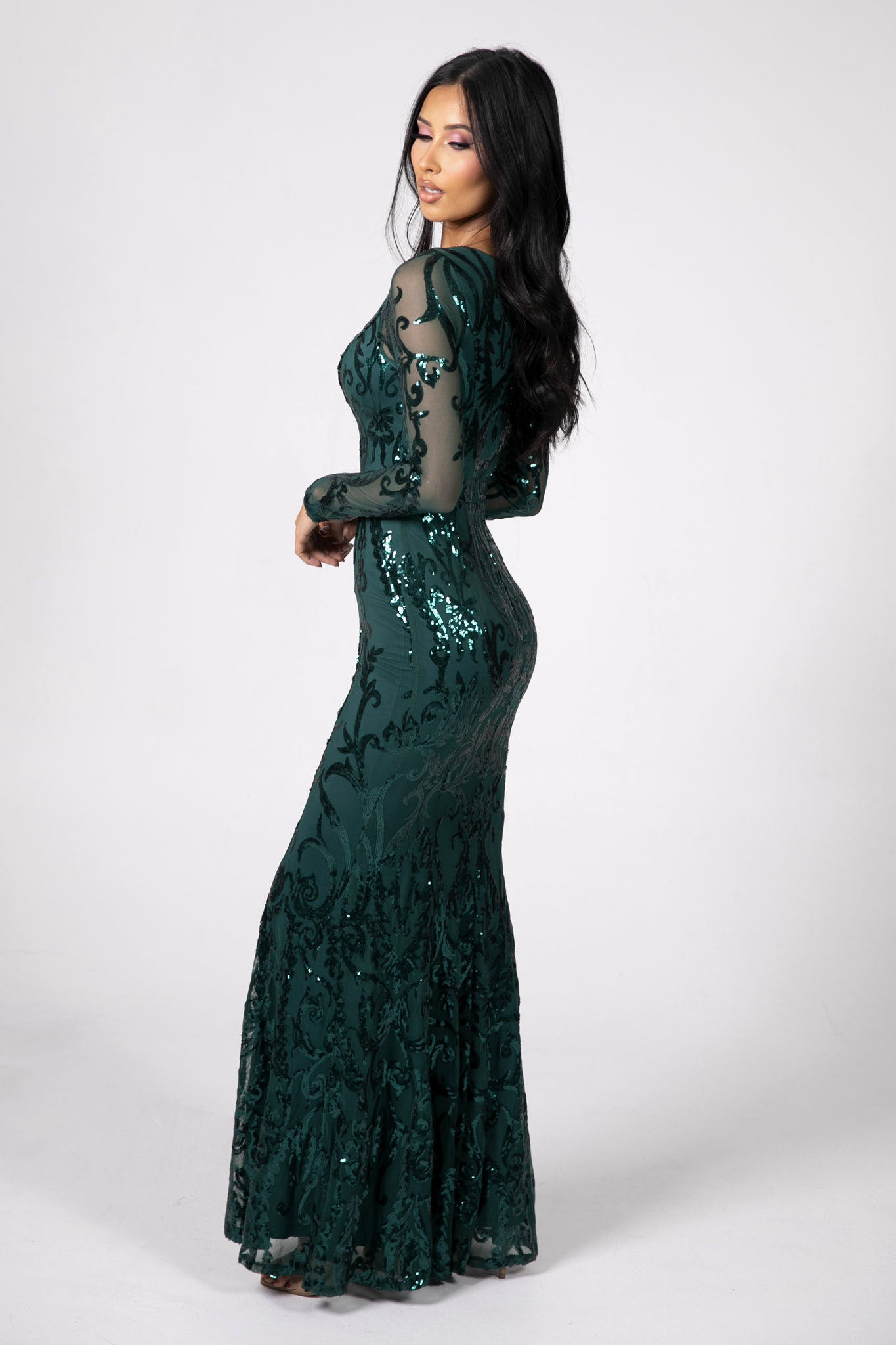 Amelia Long Sleeve Pattern Sequin Gown Emerald Noodz Boutique