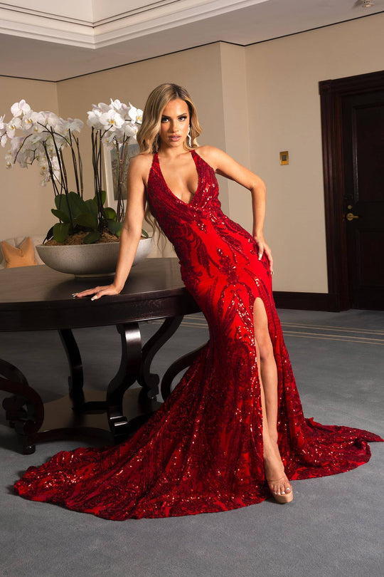 Satin V-Neck Long Red Prom Dress with Strappy Back