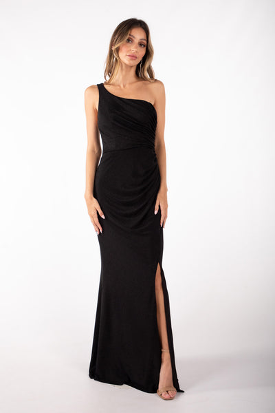 CALI One Shoulder Maxi Dress Shimmer Black Noodz Boutique