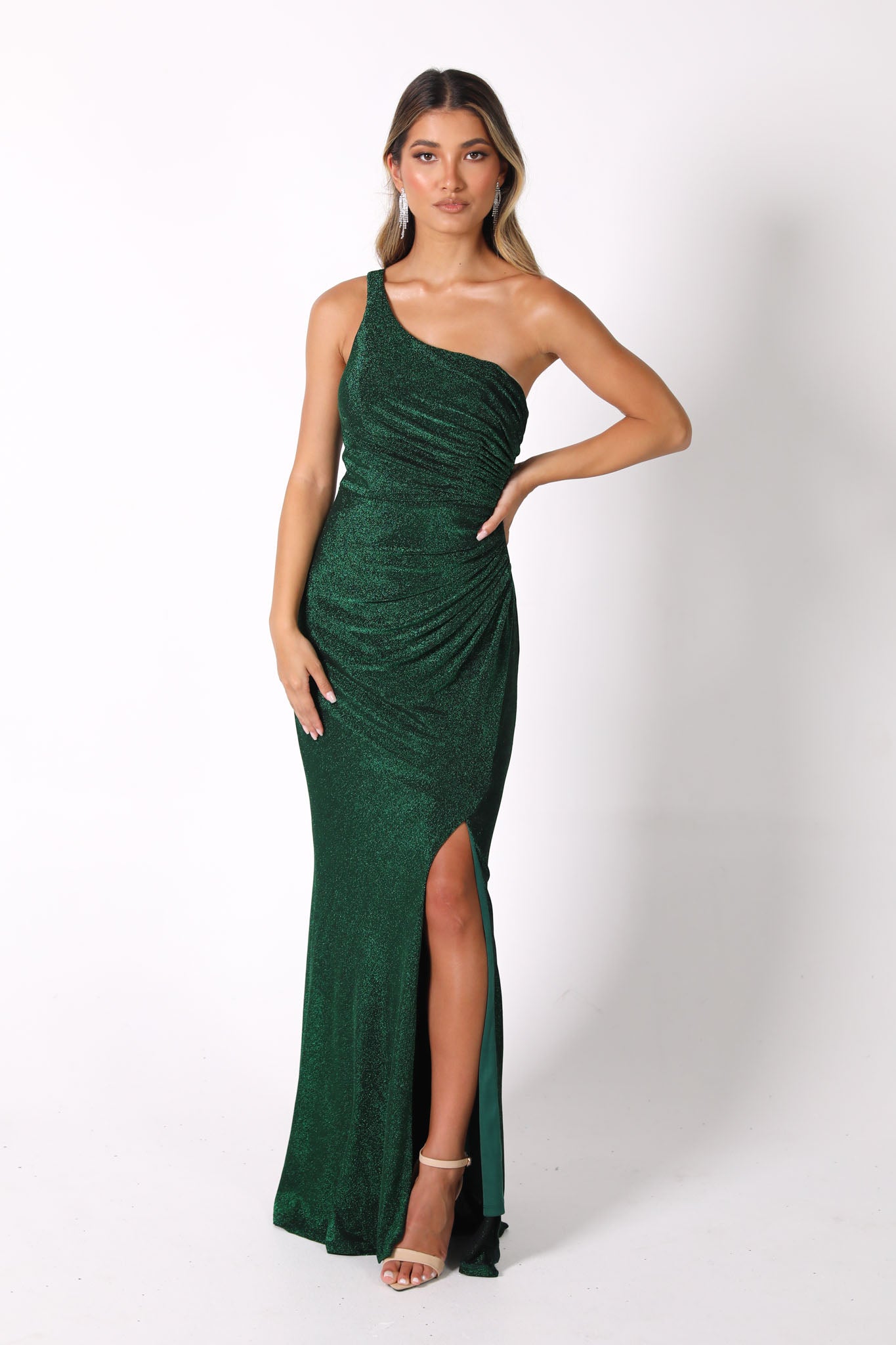 One sleeve outlet green dress