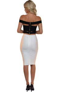 Back of black bandage top featuring off-shoulder panel design and stylish cutouts