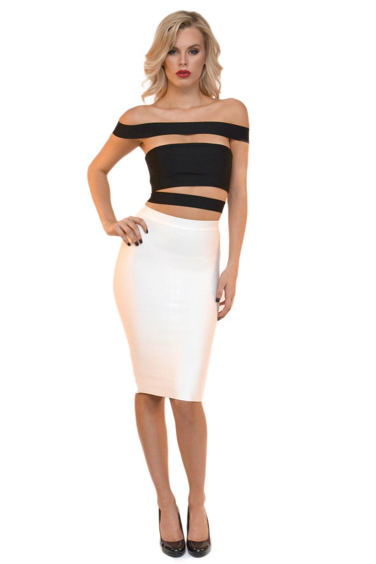 Front of black bandage top featuring off-shoulder panel design and stylish cutouts