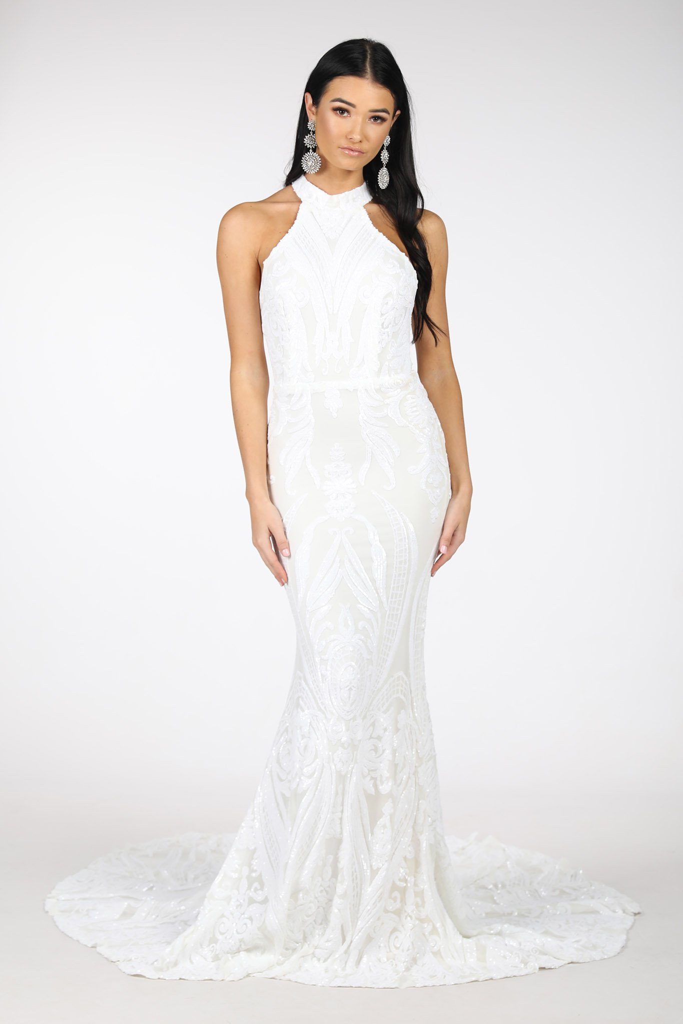 Delilah High Neck Pattern Sequin Gown White Noodz Boutique