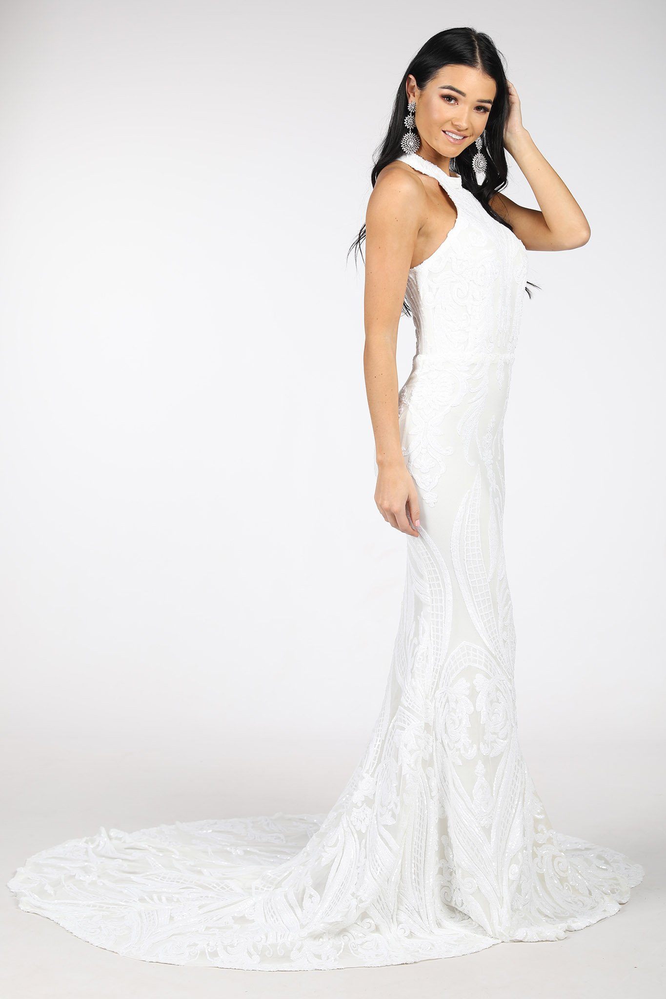 Delilah High Neck Pattern Sequin Gown White Noodz Boutique