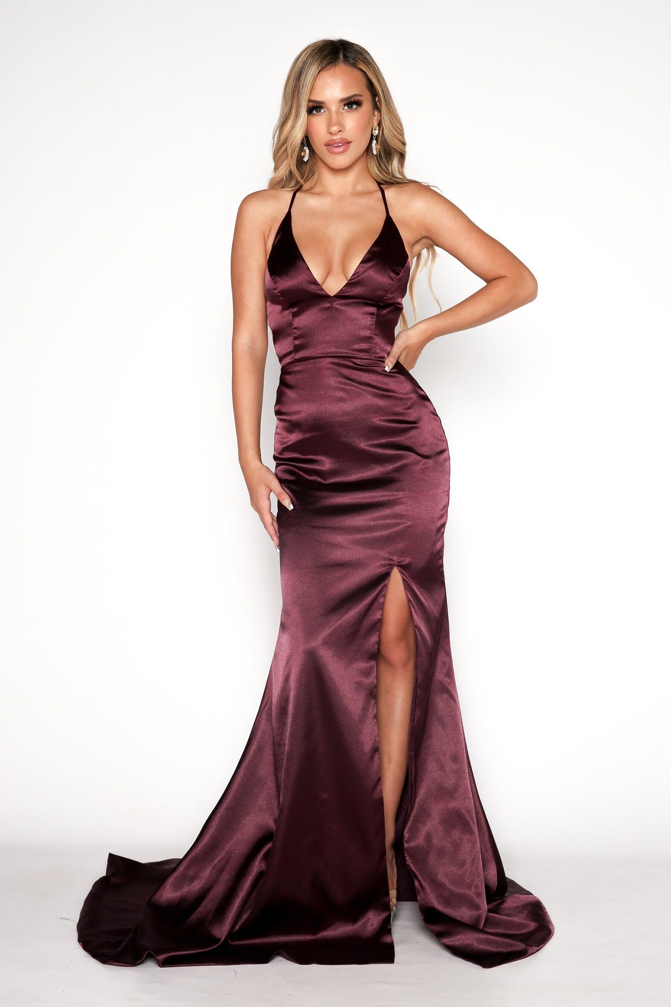 Plum satin ruched lace up back midi dress best sale