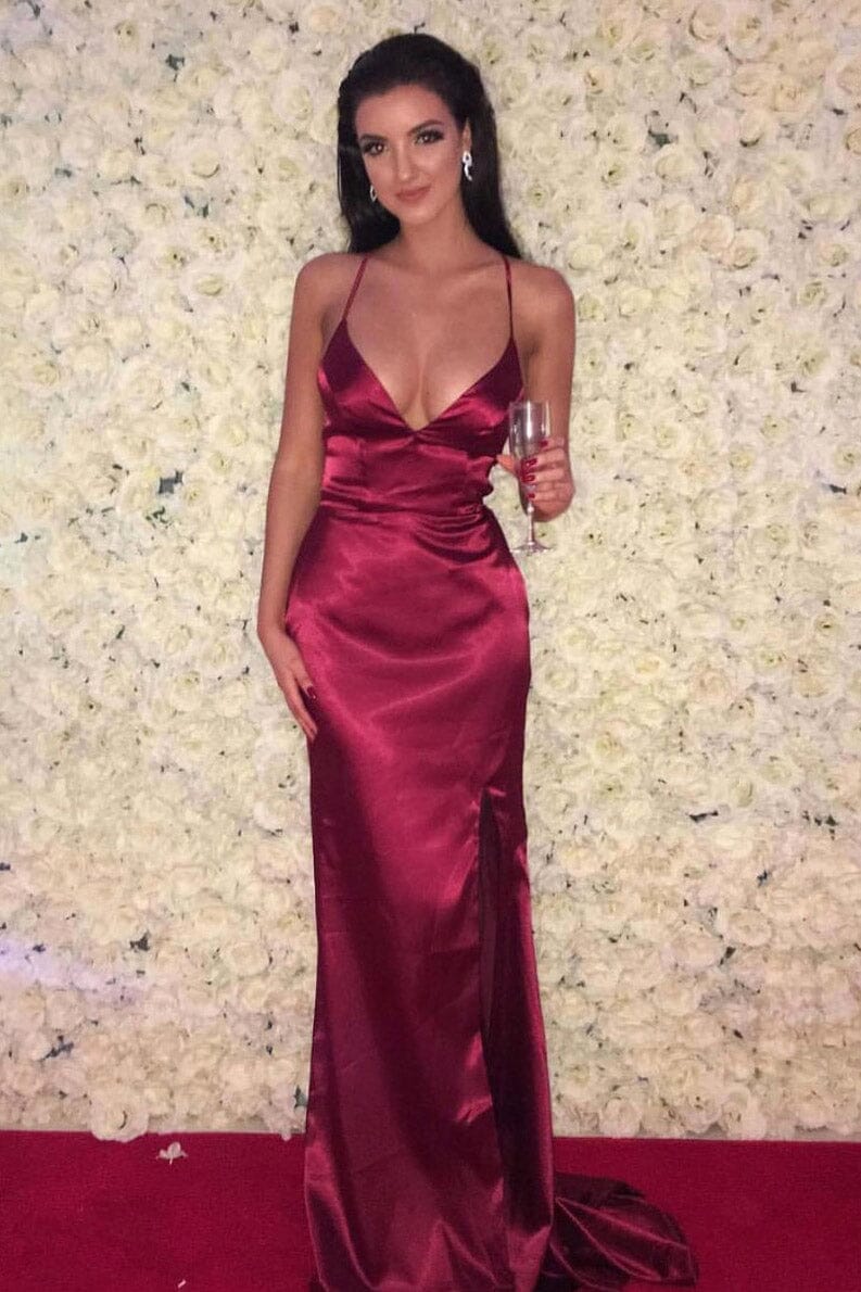 ELECTRA Lace Up Back Front Slit Satin Gown - Deep Red