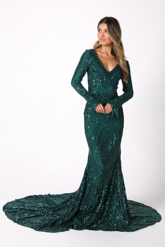 Emerald green long sleeve formal dress best sale