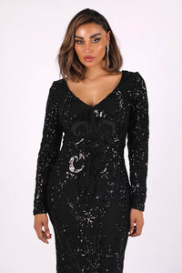 Close Up Image of Black Sequin Floor Length Evening Gown with Long Sleeves, V Neckline and Fit & Flare Silhouette