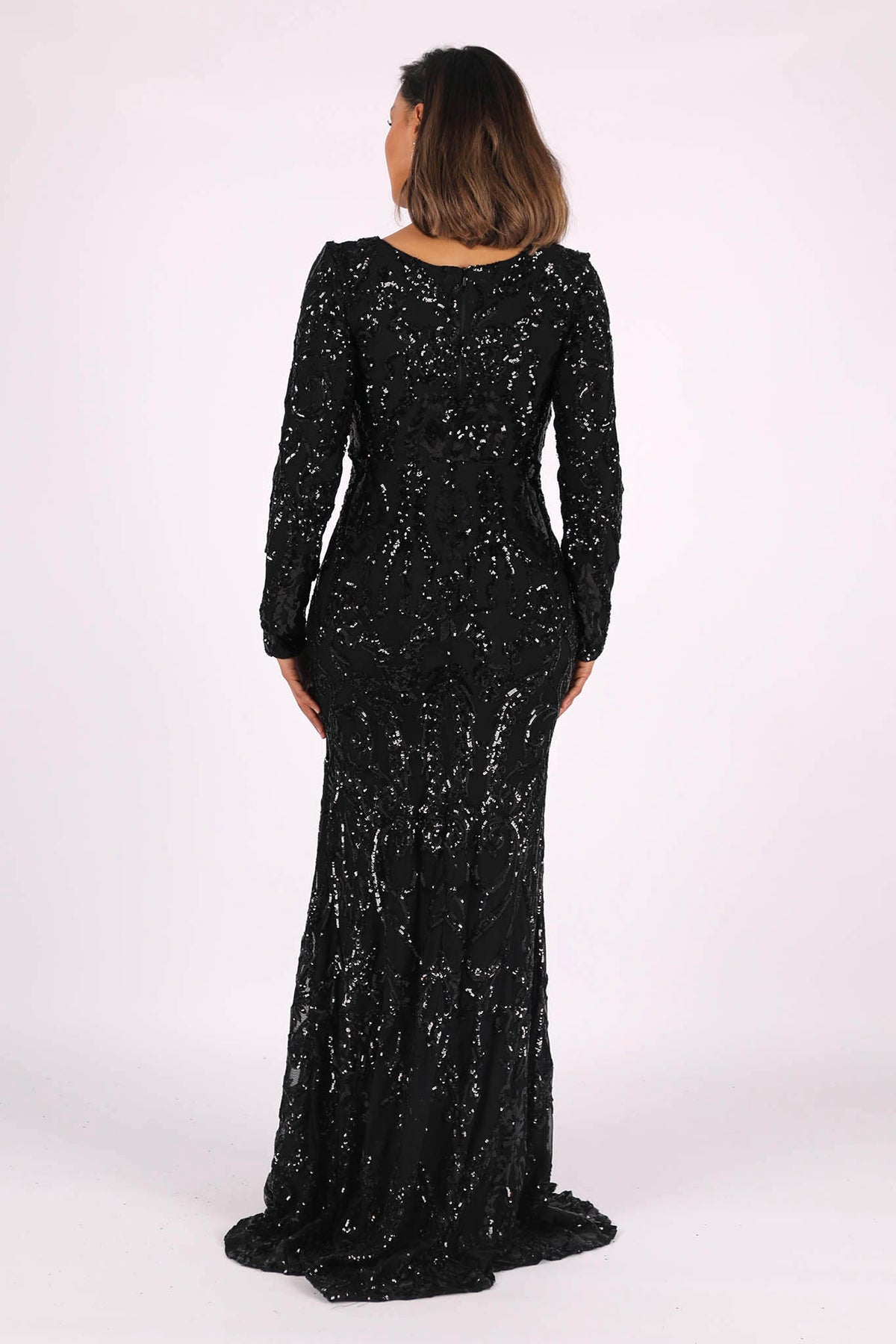 Elena Long-Sleeve Pattern Sequin Gown (NO Train) - Black – Noodz Boutique