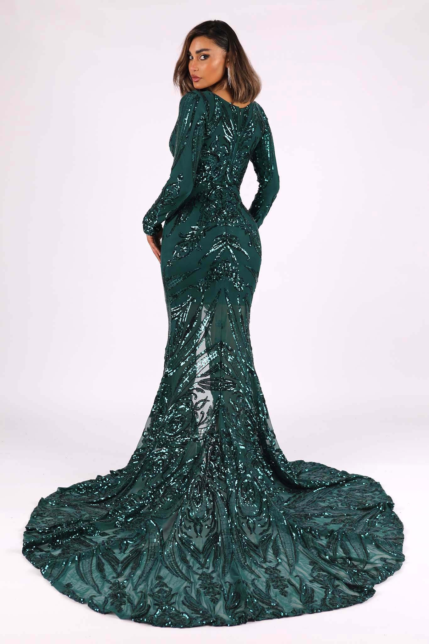 Georgina Long Sleeve Pattern Sequin Gown Emerald Noodz Boutique