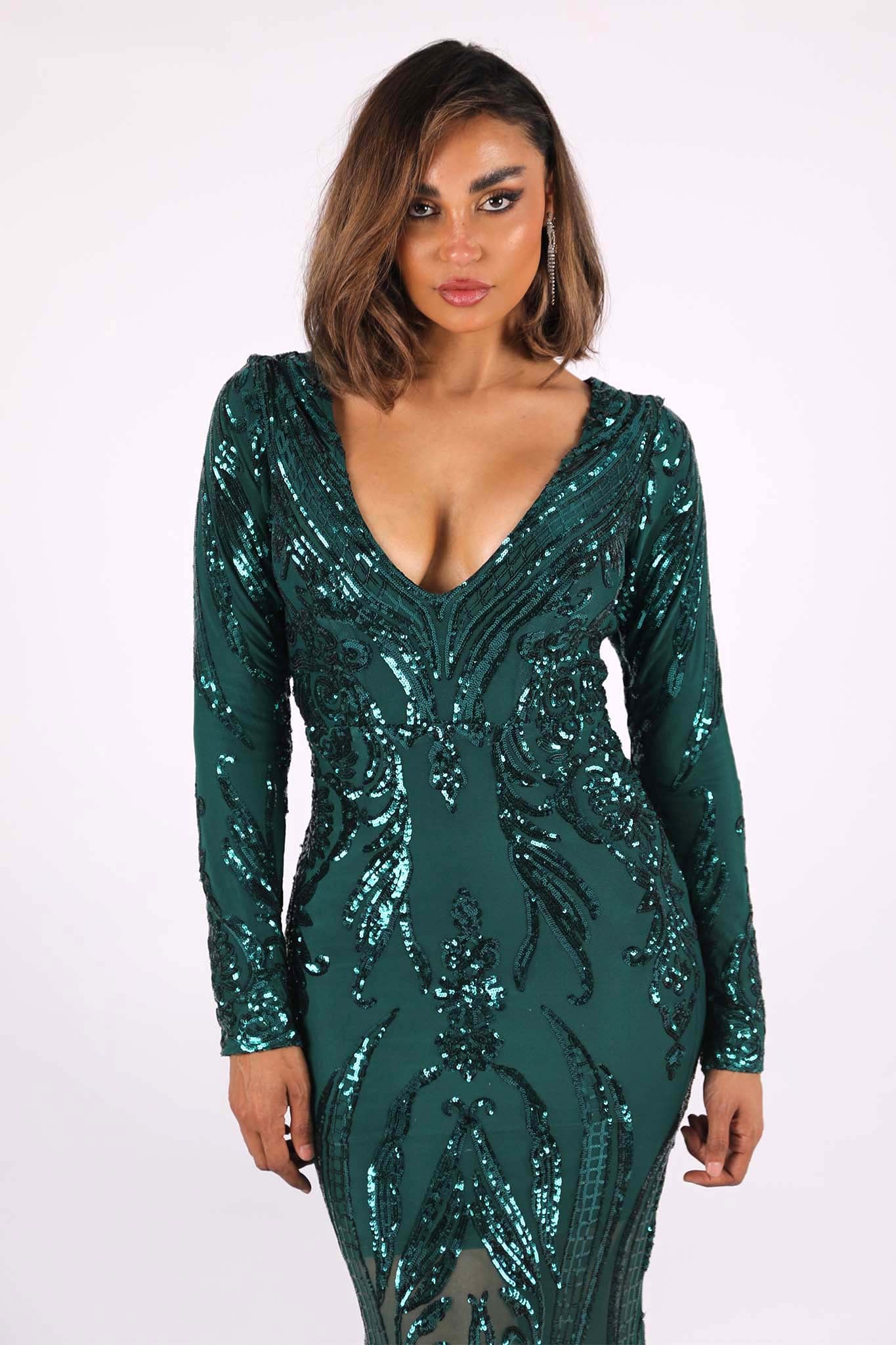 Georgina Long Sleeve Pattern Sequin Gown Emerald Noodz Boutique