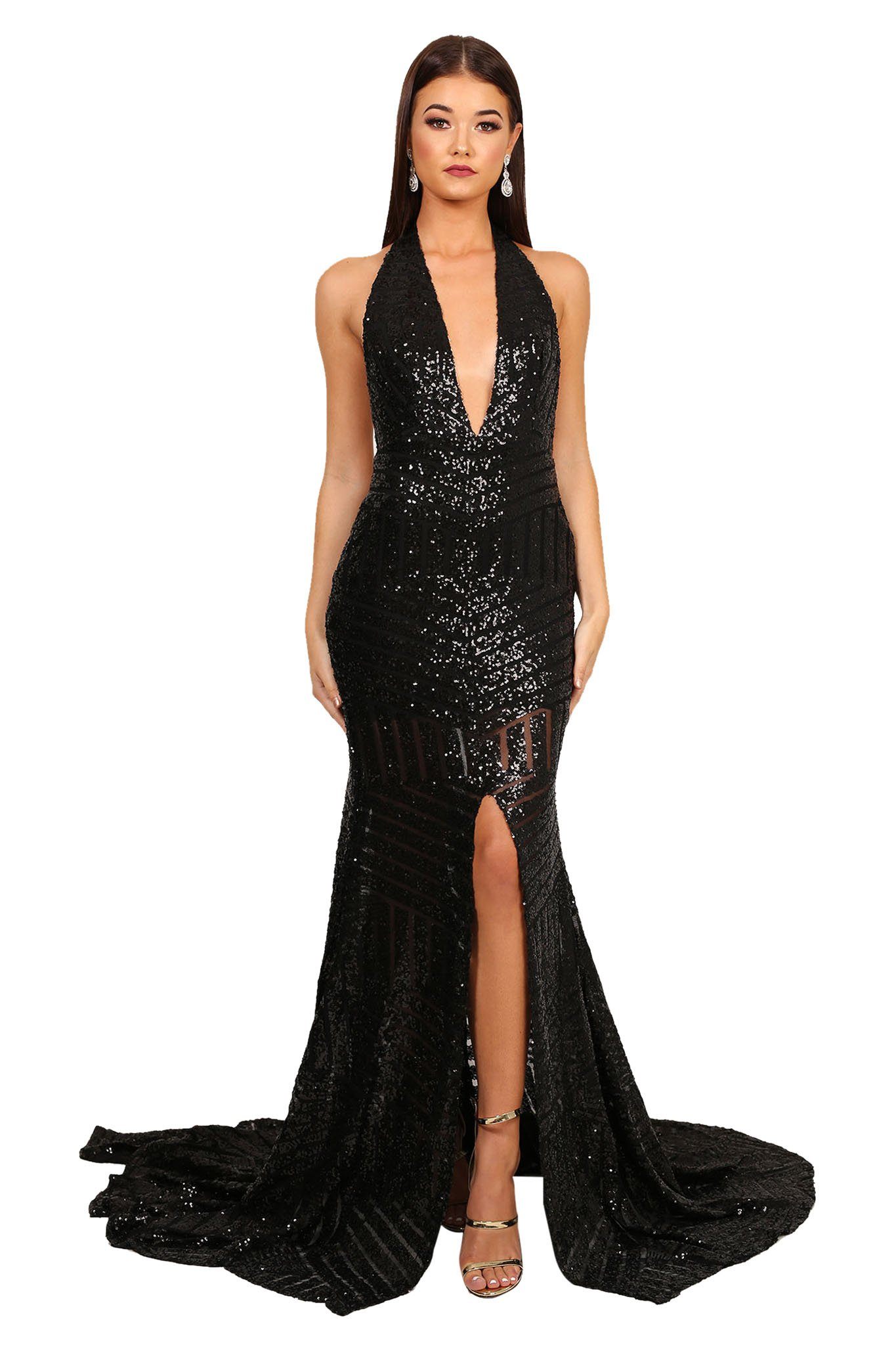 Goddess Geometric Sequin Gown Black