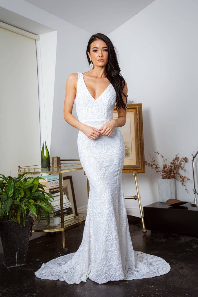 White Embroidered Pattern Sequin Floor Length Sleeveless Evening Dress with V-Neckline and Fit and Flare Mermaid Skirt