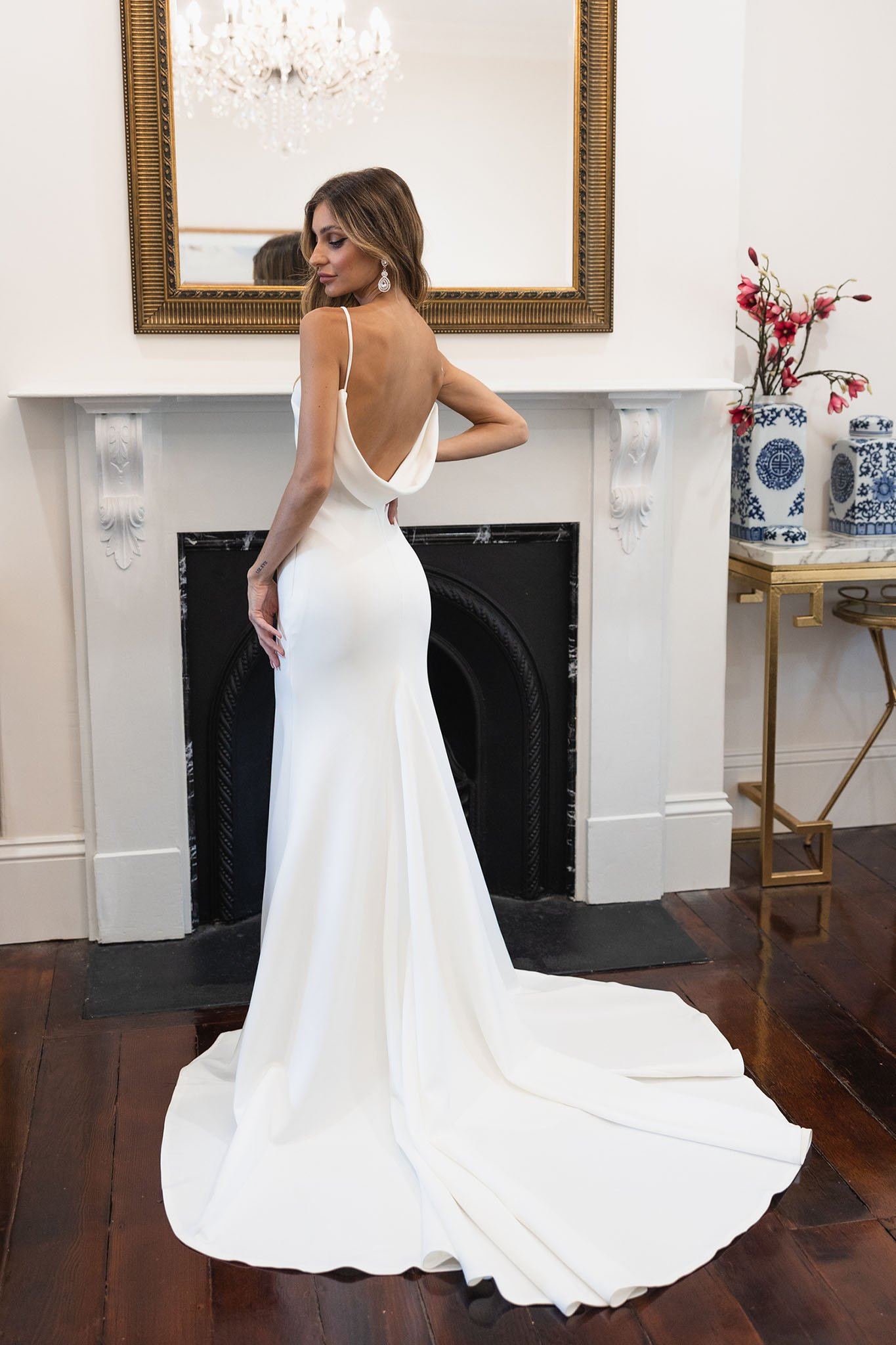 Long sleeve cowl hot sale back wedding dress