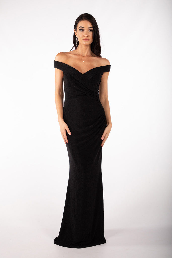 Black glitter maxi dress with off-the-shoulder sweetheart neckline and gathering detail