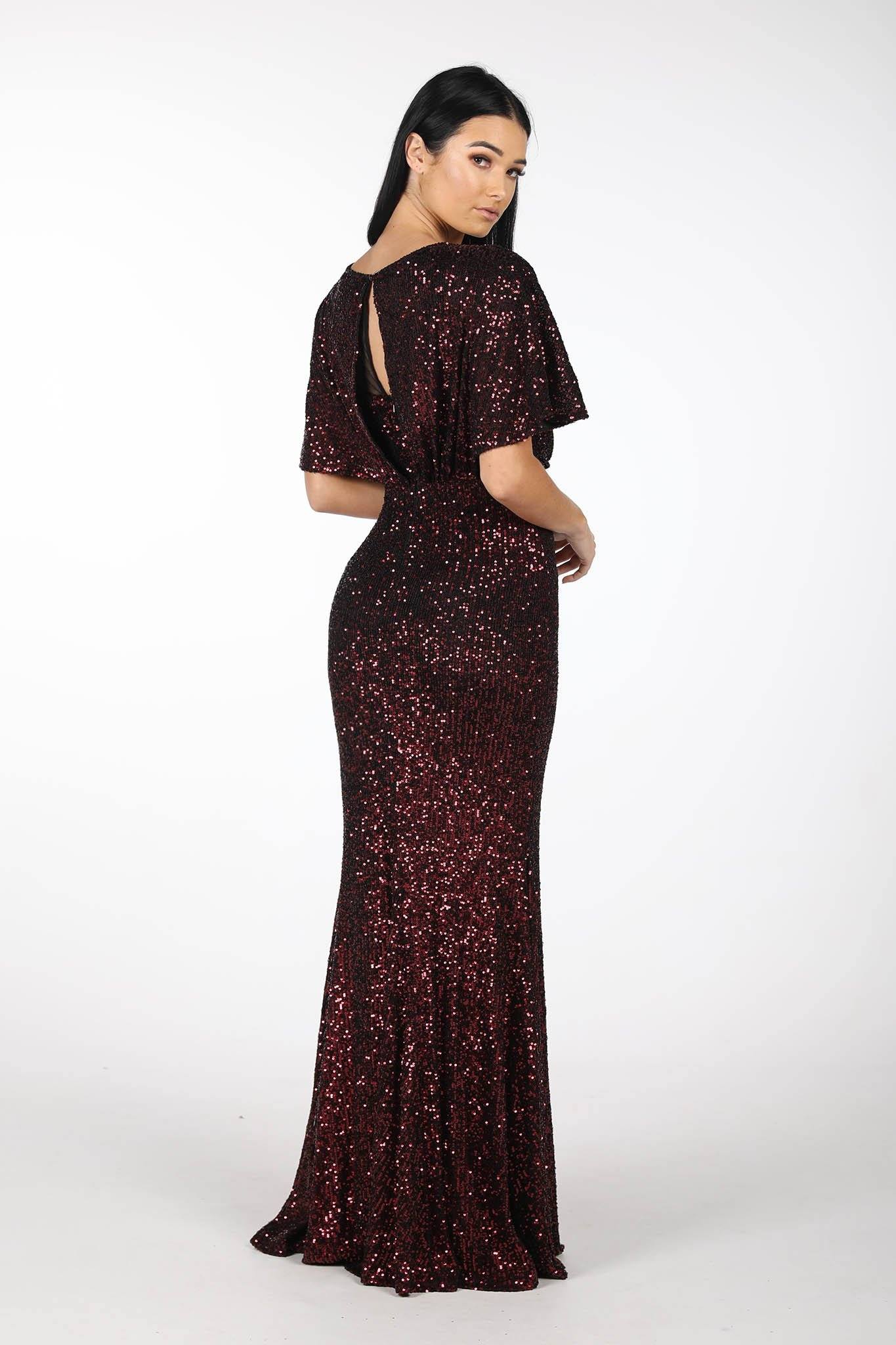 Margaret Butterfly Sleeve Sequin Maxi Dress Burgundy Noodz