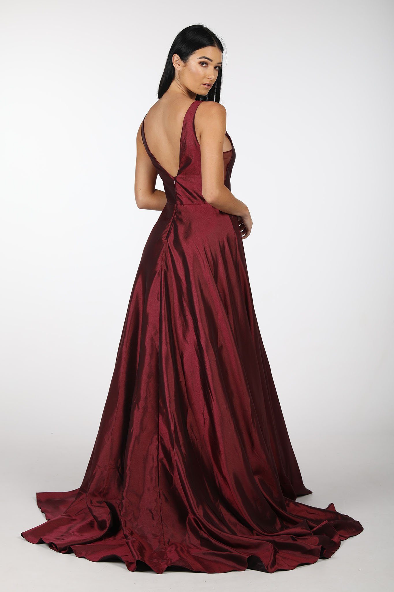 SAMIRA V Neck Satin Ball Gown Deep Red Noodz Boutique