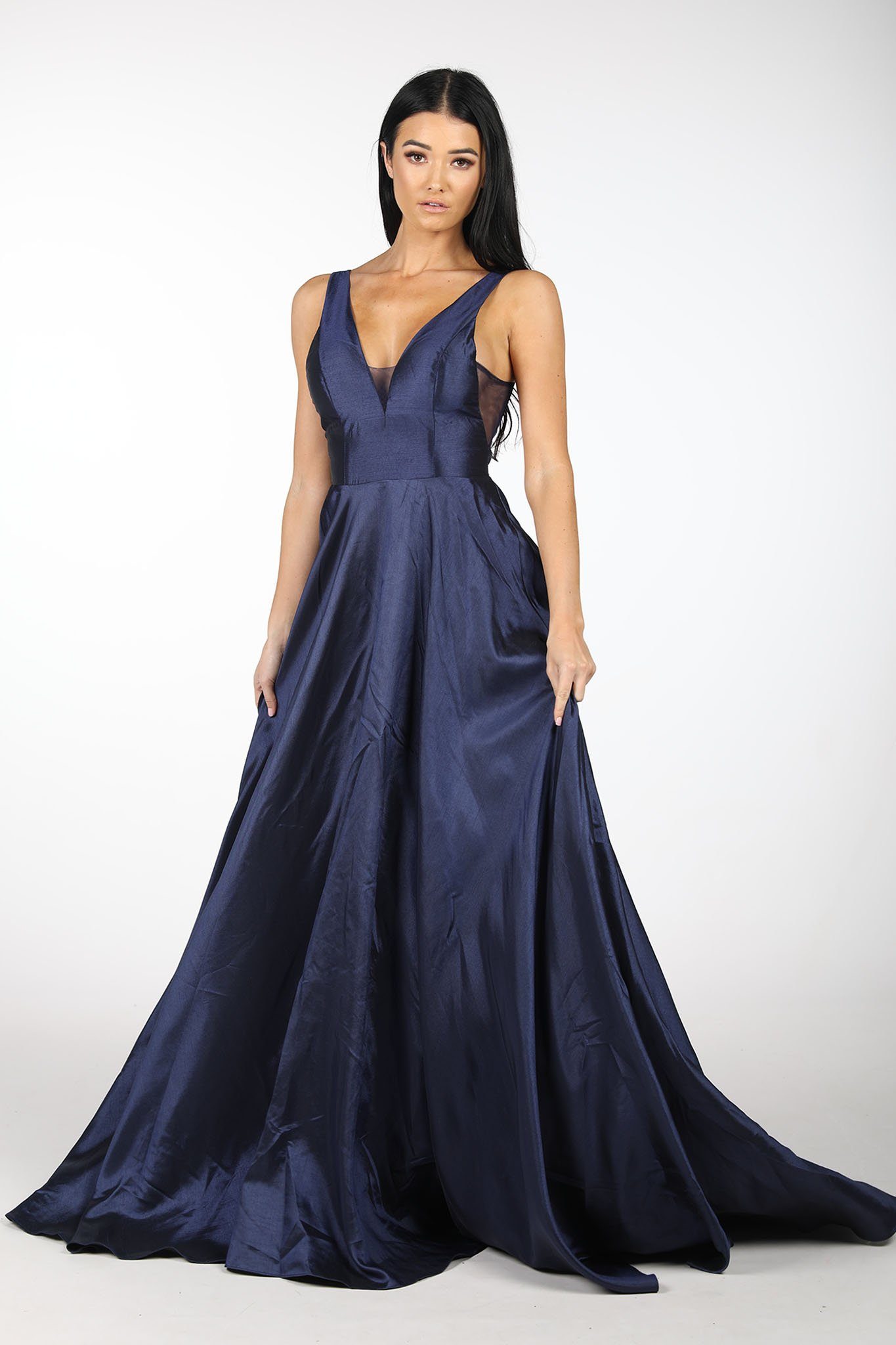 Navy satin ball gown sale