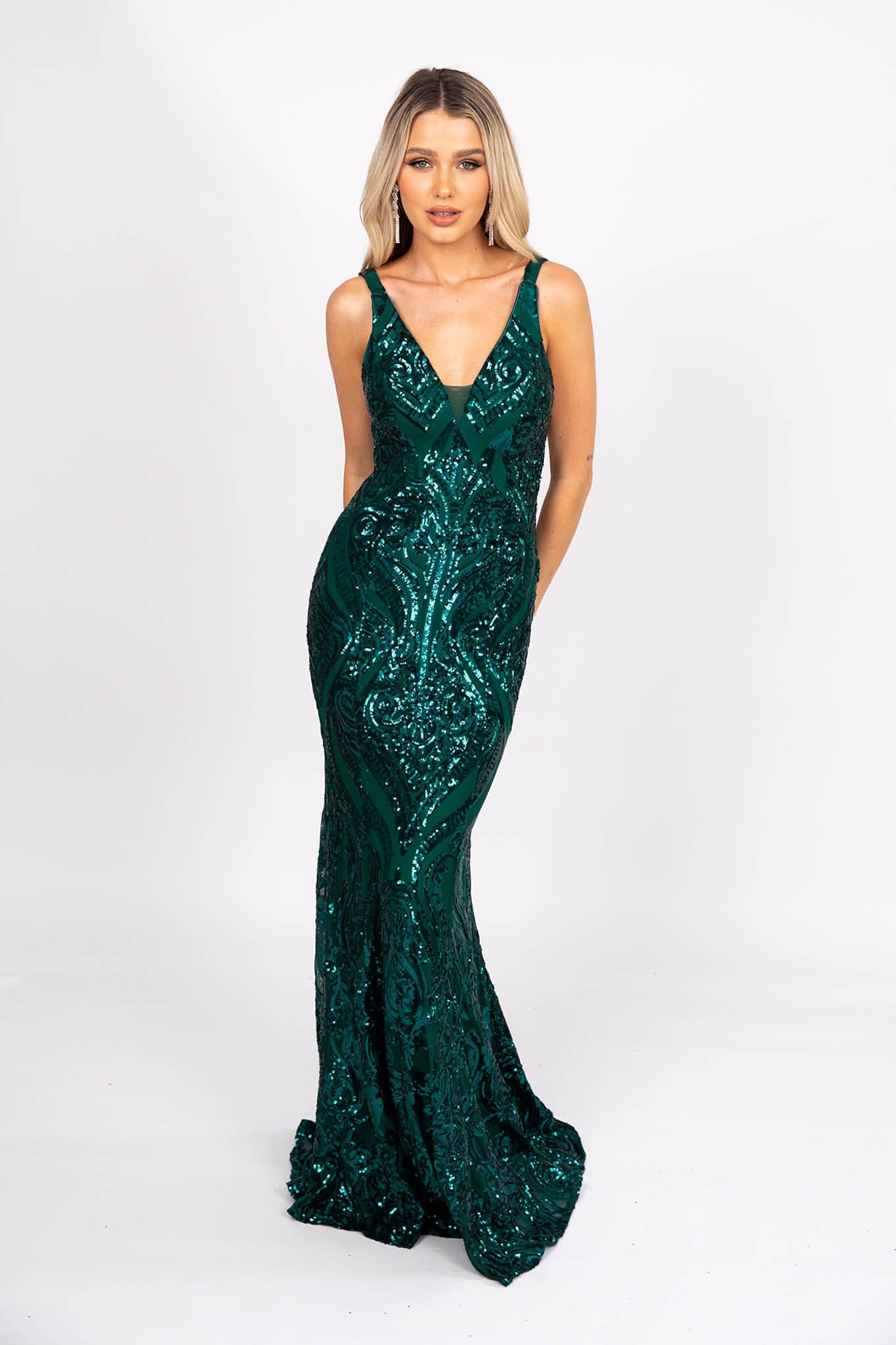 Bottle green sequin high neck fishtail maxi clearance dress