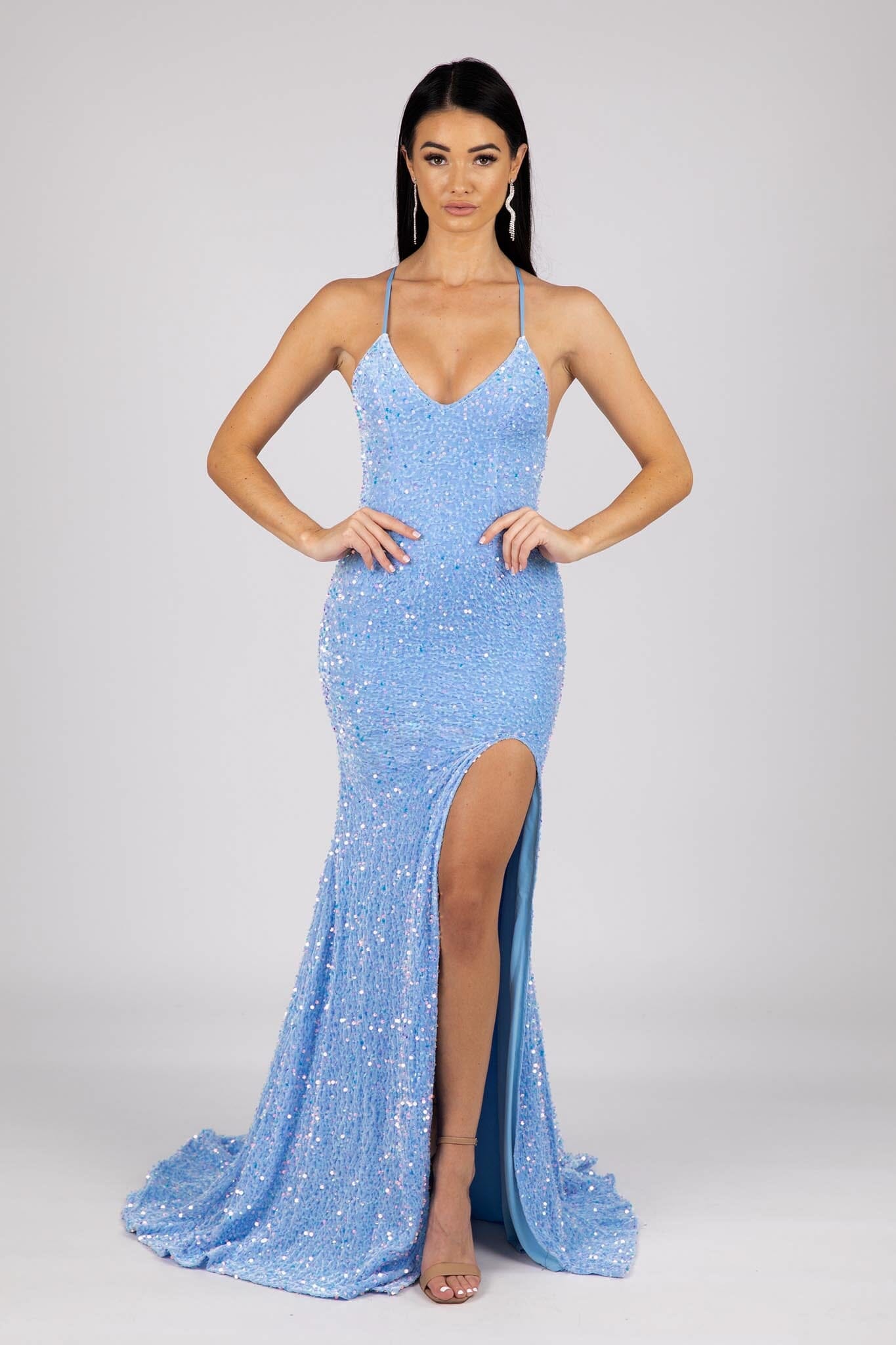 Zelda Side Slit Velvet Sequin Gown Light Blue Noodz Boutique