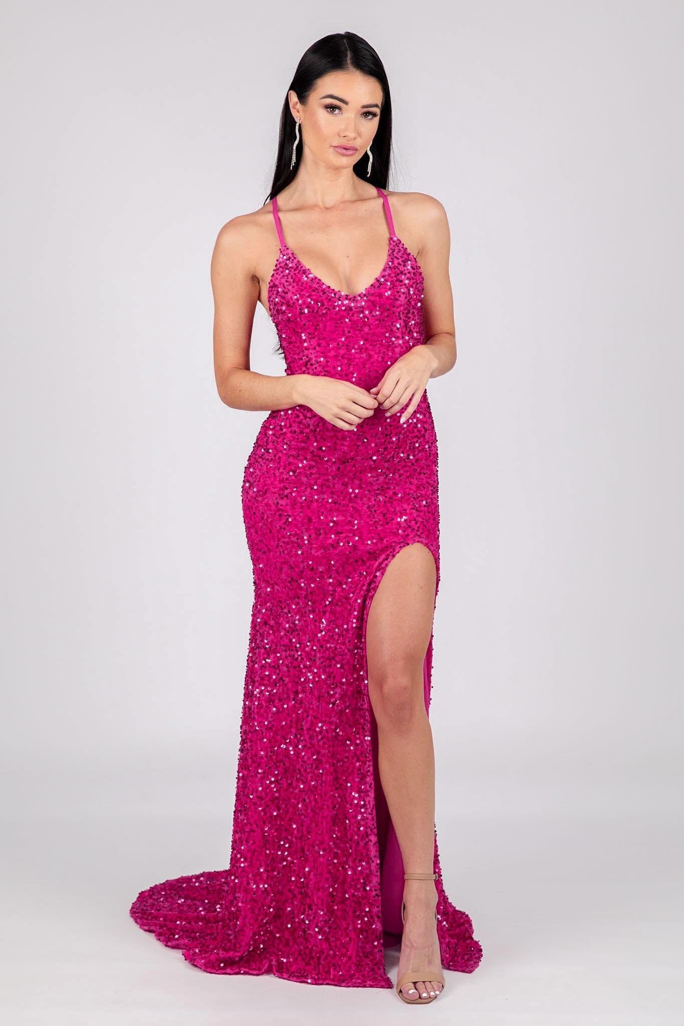 Zelda Side Slit Velvet Sequin Gown Fuchsia Noodz Boutique